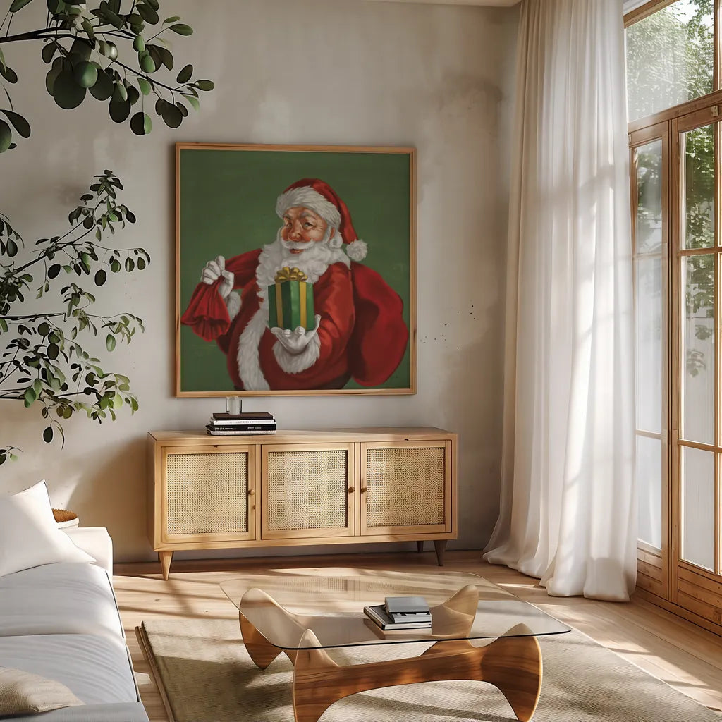 Holiday Santa I by Janelle Penner. Shown in a natural wood frame in a cozy modern living room. Available as an archival giclee rolled canvas, fine art paper, or poster print. SKU 57227a.