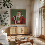Holiday Santa I by Janelle Penner. Shown in a natural wood frame in a cozy modern living room. Available as an archival giclee rolled canvas, fine art paper, or poster print. SKU 57227a.