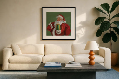 Holiday Santa I by Janelle Penner. Displayed in a glass frame with matte in a clean modern living room. Available as an archival giclee rolled canvas, fine art paper, or poster print. SKU 57227a.