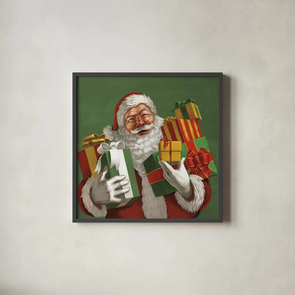 Holiday Santa IV by Janelle Penner. Shown in a sleek black glass frame for a contemporary gallery look. Available as an archival giclee rolled canvas, fine art paper, or poster print. SKU 57228a.