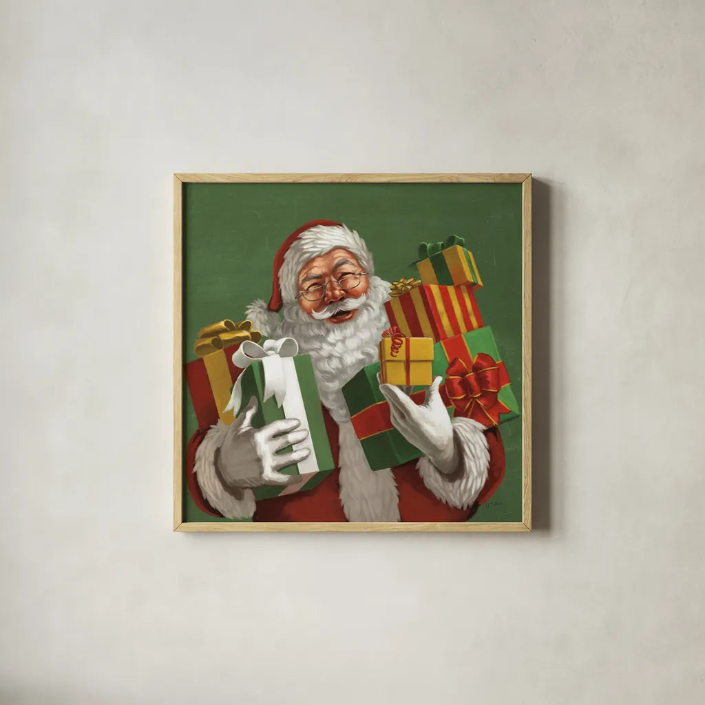 Holiday Santa IV by Janelle Penner. Shown in a natural wood glass frame for a timeless modern aesthetic. Available as an archival giclee rolled canvas, fine art paper, or poster print. SKU 57228a.