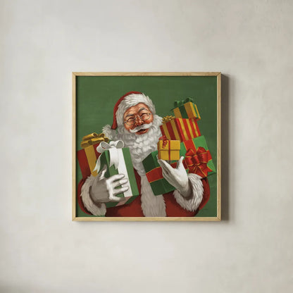 Holiday Santa IV by Janelle Penner. Shown in a natural wood glass frame for a timeless modern aesthetic. Available as an archival giclee rolled canvas, fine art paper, or poster print. SKU 57228a.