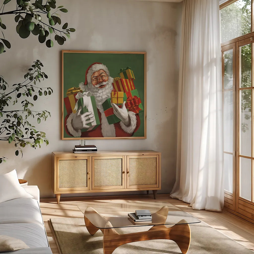Holiday Santa IV by Janelle Penner. Shown in a natural wood frame in a cozy modern living room. Available as an archival giclee rolled canvas, fine art paper, or poster print. SKU 57228a.