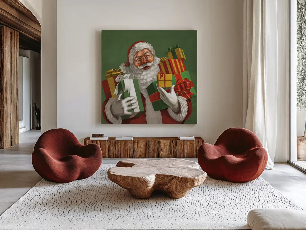 Holiday Santa IV by Janelle Penner. Shown as extra-large giant wall art in a modern living room. Available as an archival giclee rolled canvas, fine art paper, or poster print. SKU 57228a.