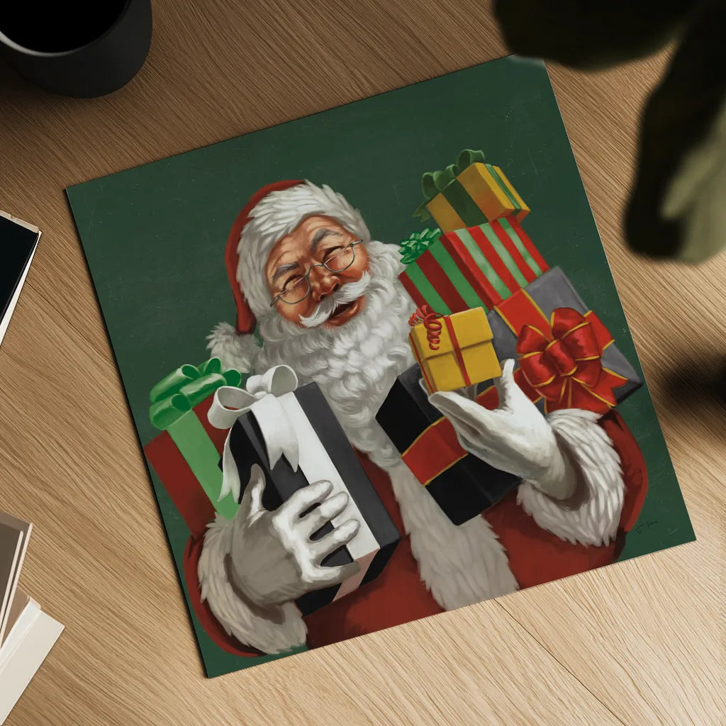 Holiday Santa IV Dark Green by Janelle Penner. Shown as a detailed flat fine art print, highlighting archival giclee quality. Available as an archival giclee rolled canvas, fine art paper, or poster print. SKU 59683a.