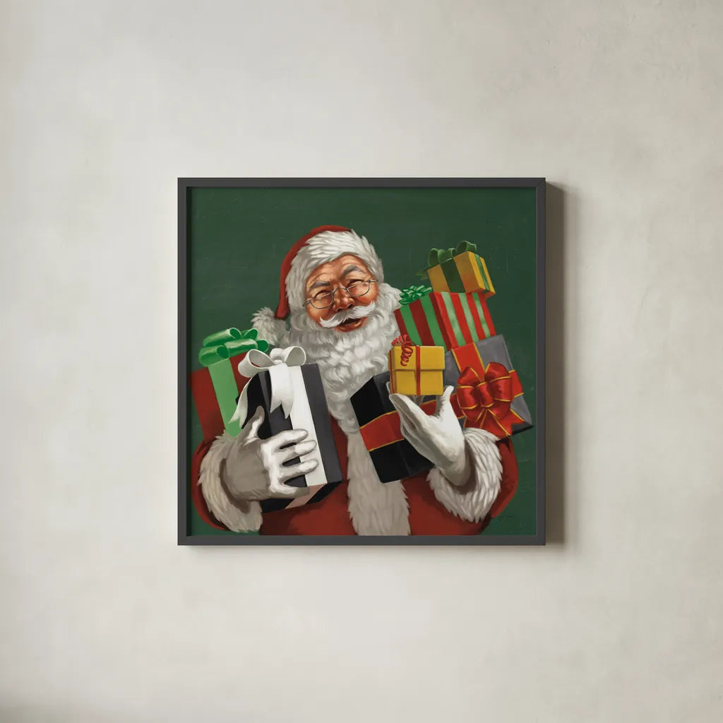 Holiday Santa IV Dark Green by Janelle Penner. Shown in a sleek black glass frame for a contemporary gallery look. Available as an archival giclee rolled canvas, fine art paper, or poster print. SKU 59683a.
