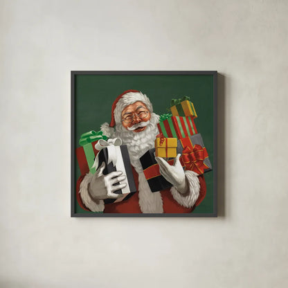 Holiday Santa IV Dark Green by Janelle Penner. Shown in a sleek black glass frame for a contemporary gallery look. Available as an archival giclee rolled canvas, fine art paper, or poster print. SKU 59683a.