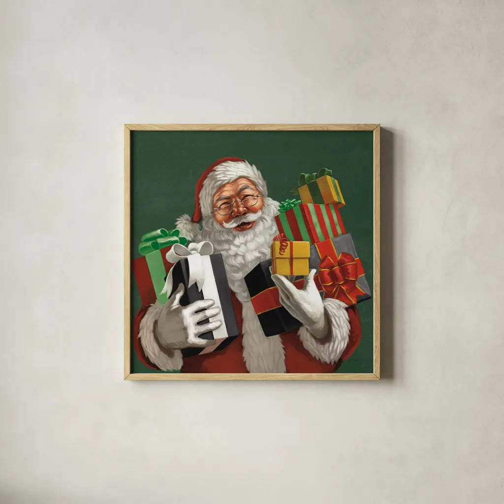 Holiday Santa IV Dark Green by Janelle Penner. Shown in a natural wood glass frame for a timeless modern aesthetic. Available as an archival giclee rolled canvas, fine art paper, or poster print. SKU 59683a.