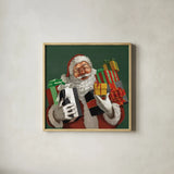 Holiday Santa IV Dark Green by Janelle Penner. Shown in a natural wood glass frame for a timeless modern aesthetic. Available as an archival giclee rolled canvas, fine art paper, or poster print. SKU 59683a.