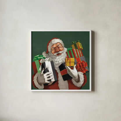 Holiday Santa IV Dark Green by Janelle Penner. Shown in a crisp white glass frame for a clean and minimalist style. Available as an archival giclee rolled canvas, fine art paper, or poster print. SKU 59683a.