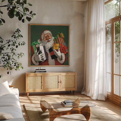 Holiday Santa IV Dark Green by Janelle Penner. Shown in a natural wood frame in a cozy modern living room. Available as an archival giclee rolled canvas, fine art paper, or poster print. SKU 59683a.