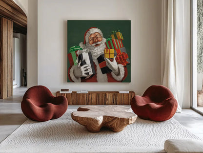 Holiday Santa IV Dark Green by Janelle Penner. Shown as extra-large giant wall art in a modern living room. Available as an archival giclee rolled canvas, fine art paper, or poster print. SKU 59683a.