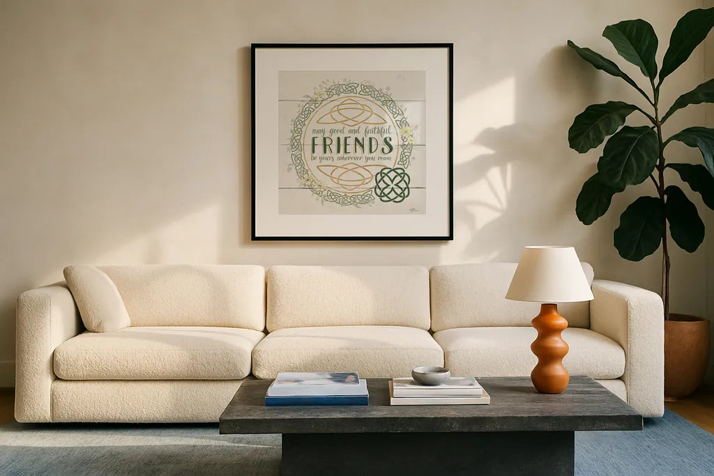 Irish Blessings IV by Janelle Penner. Displayed in a glass frame with matte in a clean modern living room. Available as an archival giclee rolled canvas, fine art paper, or poster print. SKU 31372a.
