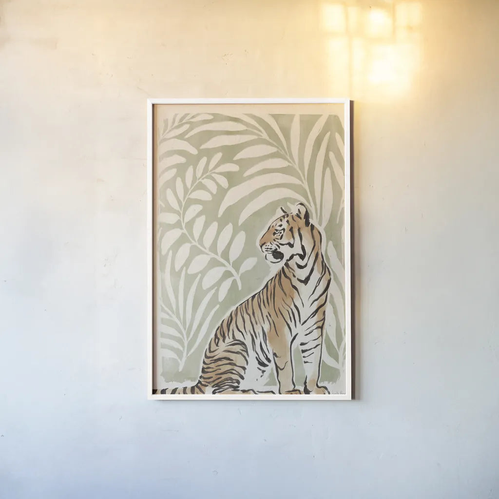 Jungle Cats II v2 by Janelle Penner. shown as a paper print in a white frame. Available as a archival giclee rolled canvas, fine art paper, or poster print. SKU 80614h.