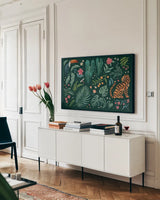 Jungle Love I by Janelle Penner. shown as a framed stretched canvas in a living room above a console. Available as a archival giclee rolled canvas, fine art paper, or poster print. SKU 56088i.