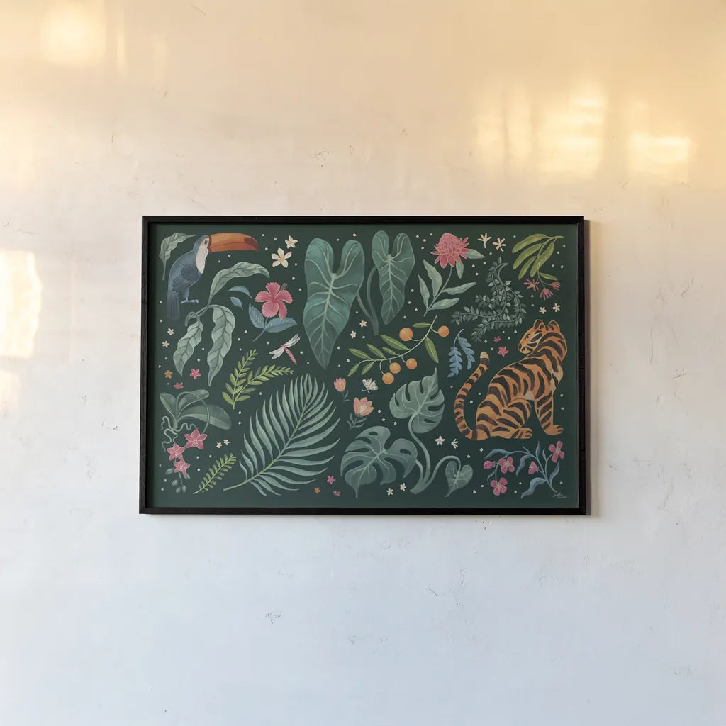 Jungle Love I by Janelle Penner. shown as a paper print in a black flame. Available as a archival giclee rolled canvas, fine art paper, or poster print. SKU 56088i.