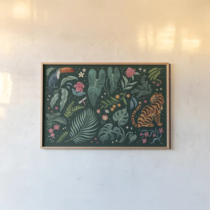 Jungle Love I by Janelle Penner. shown as a paper print in a natural frame. Available as a archival giclee rolled canvas, fine art paper, or poster print. SKU 56088i.