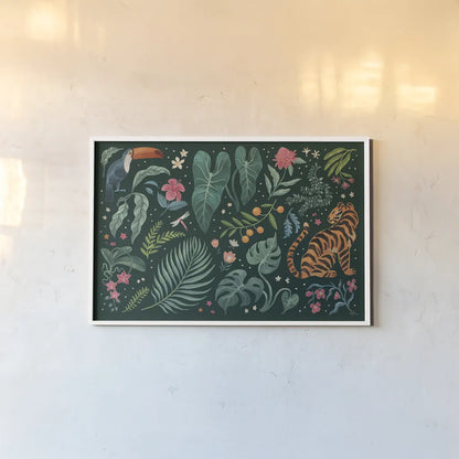 Jungle Love I by Janelle Penner. shown as a paper print in a white frame. Available as a archival giclee rolled canvas, fine art paper, or poster print. SKU 56088i.