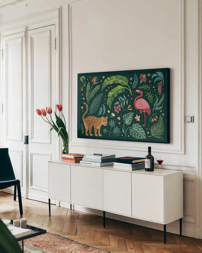 Jungle Love II by Janelle Penner. shown as a framed stretched canvas in a living room above a console. Available as a archival giclee rolled canvas, fine art paper, or poster print. SKU 56089i.