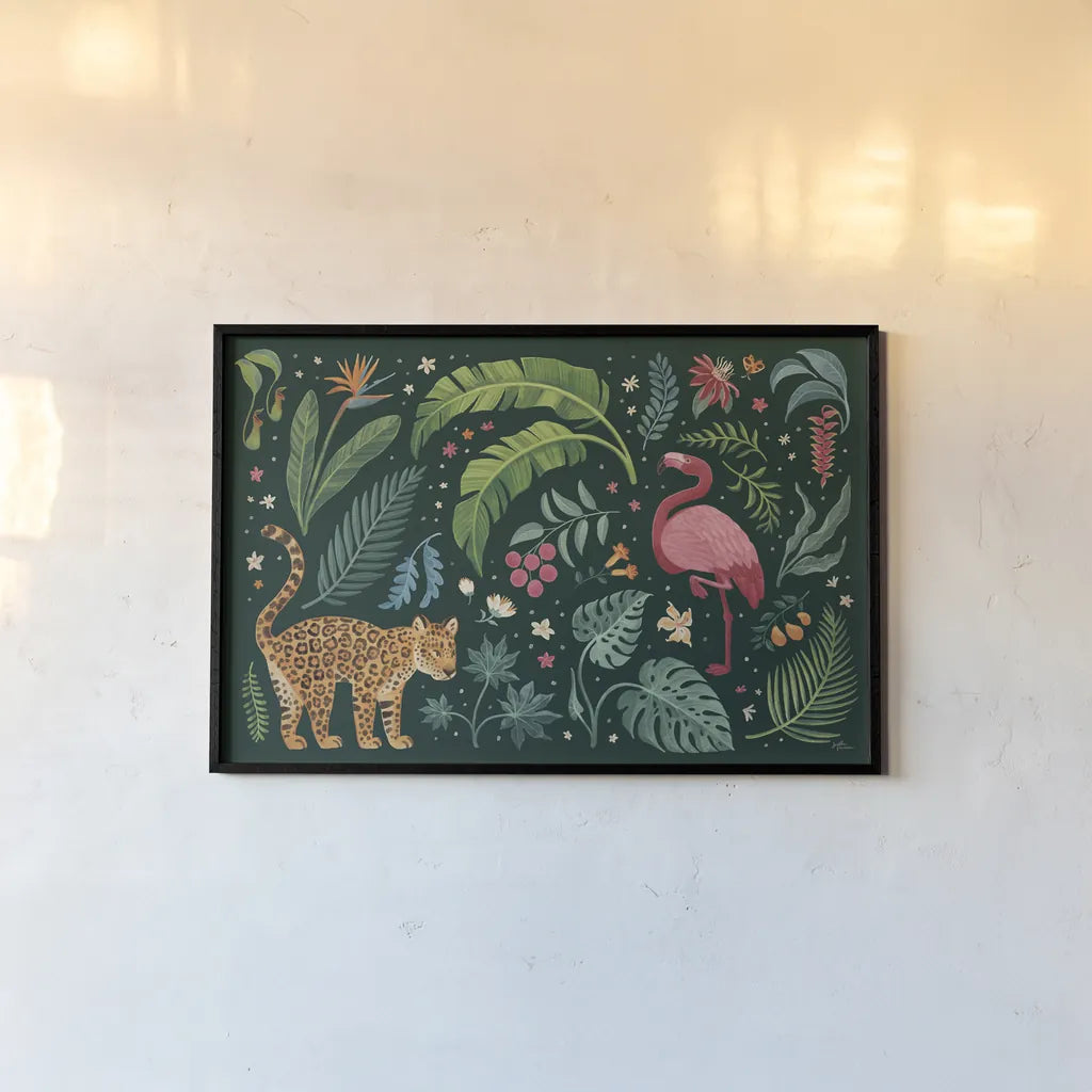 Jungle Love II by Janelle Penner. shown as a paper print in a black flame. Available as a archival giclee rolled canvas, fine art paper, or poster print. SKU 56089i.