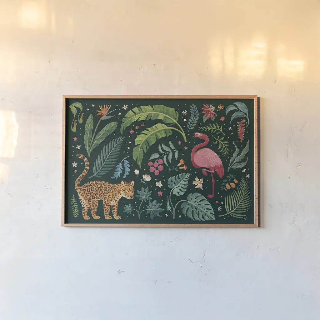 Jungle Love II by Janelle Penner. shown as a paper print in a natural frame. Available as a archival giclee rolled canvas, fine art paper, or poster print. SKU 56089i.
