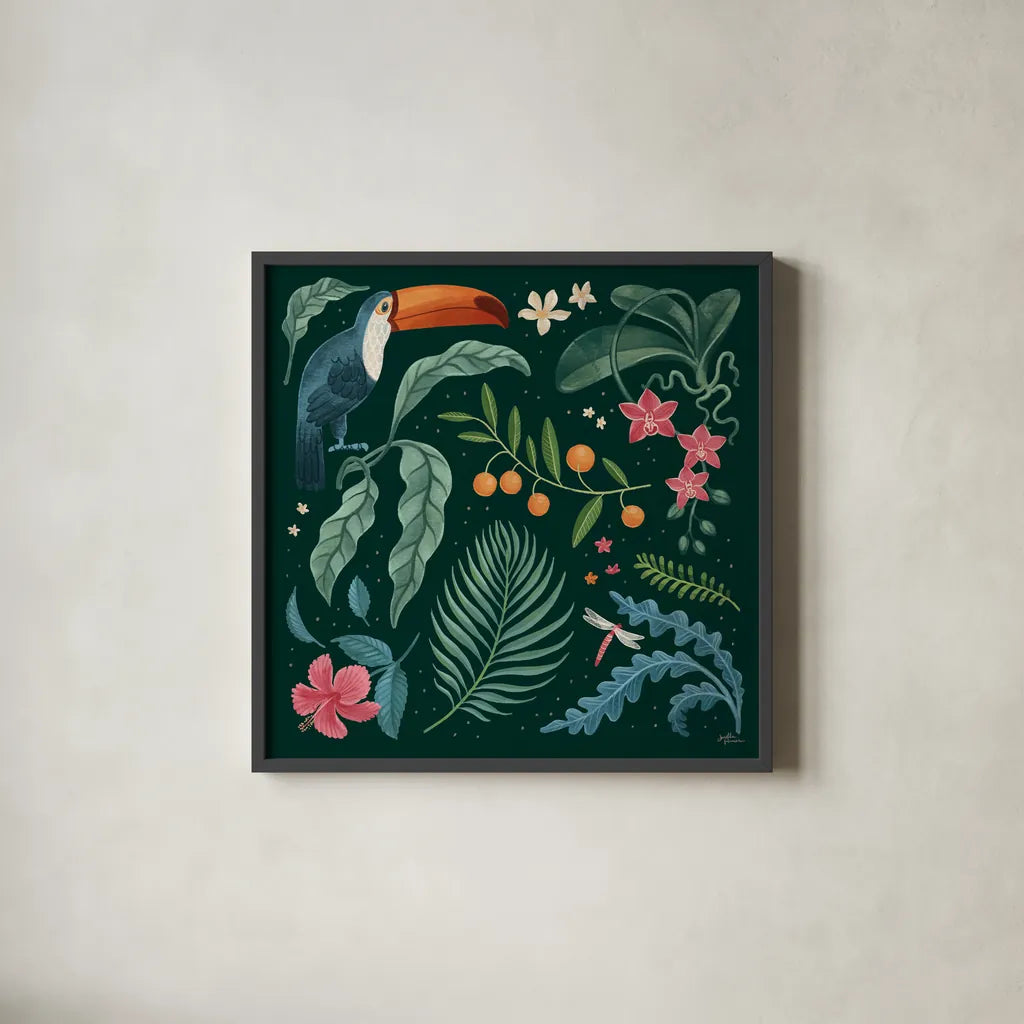 Jungle Love III by Janelle Penner. Shown in a sleek black glass frame for a contemporary gallery look. Available as an archival giclee rolled canvas, fine art paper, or poster print. SKU 56090a.