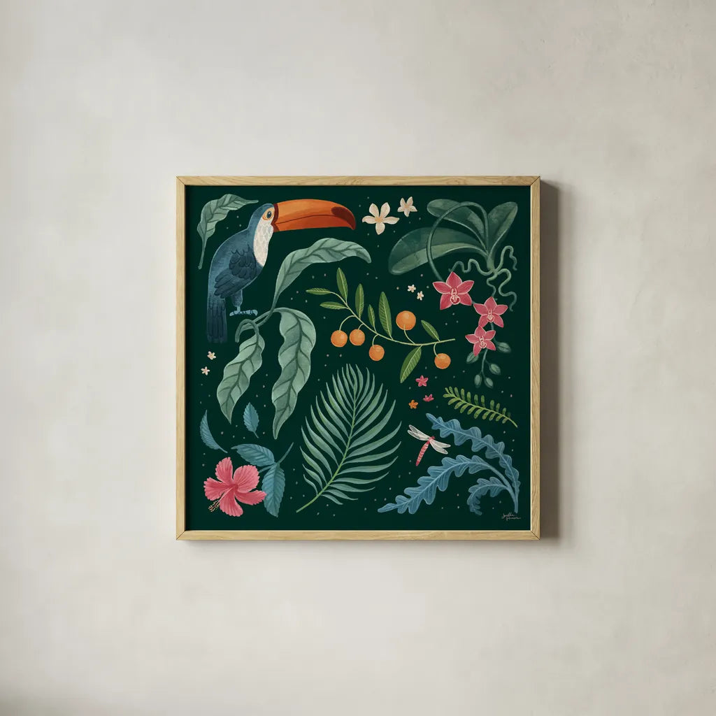 Jungle Love III by Janelle Penner. Shown in a natural wood glass frame for a timeless modern aesthetic. Available as an archival giclee rolled canvas, fine art paper, or poster print. SKU 56090a.