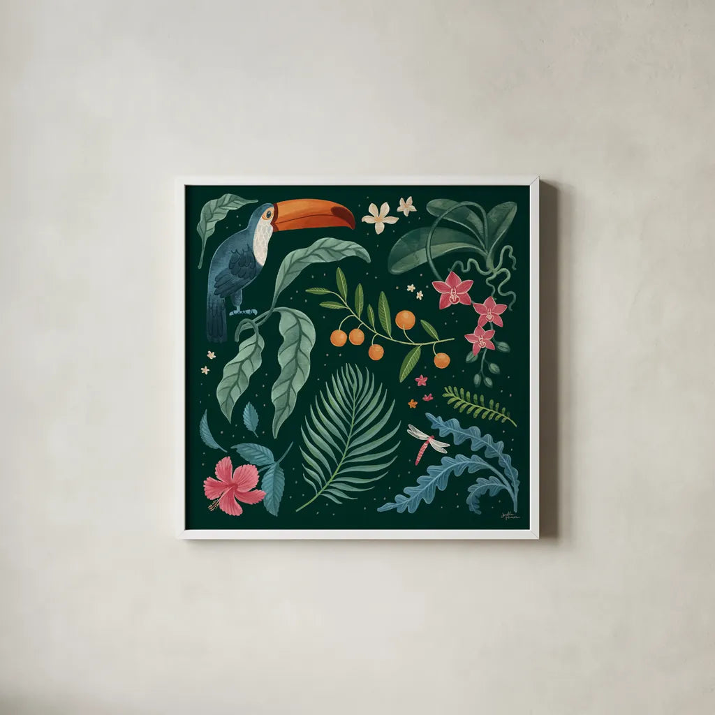 Jungle Love III by Janelle Penner. Shown in a crisp white glass frame for a clean and minimalist style. Available as an archival giclee rolled canvas, fine art paper, or poster print. SKU 56090a.