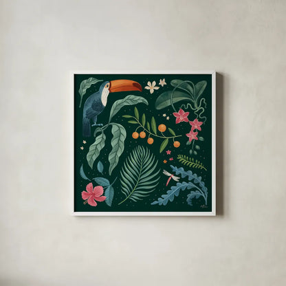 Jungle Love III by Janelle Penner. Shown in a crisp white glass frame for a clean and minimalist style. Available as an archival giclee rolled canvas, fine art paper, or poster print. SKU 56090a.