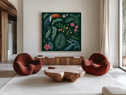 Jungle Love III by Janelle Penner. Shown as extra-large giant wall art in a modern living room. Available as an archival giclee rolled canvas, fine art paper, or poster print. SKU 56090a.