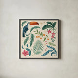 Jungle Love III Cream by Janelle Penner. Shown in a sleek black glass frame for a contemporary gallery look. Available as an archival giclee rolled canvas, fine art paper, or poster print. SKU 56870a.