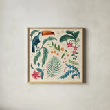 Jungle Love III Cream by Janelle Penner. Shown in a natural wood glass frame for a timeless modern aesthetic. Available as an archival giclee rolled canvas, fine art paper, or poster print. SKU 56870a.