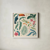 Jungle Love III Cream by Janelle Penner. Shown in a crisp white glass frame for a clean and minimalist style. Available as an archival giclee rolled canvas, fine art paper, or poster print. SKU 56870a.