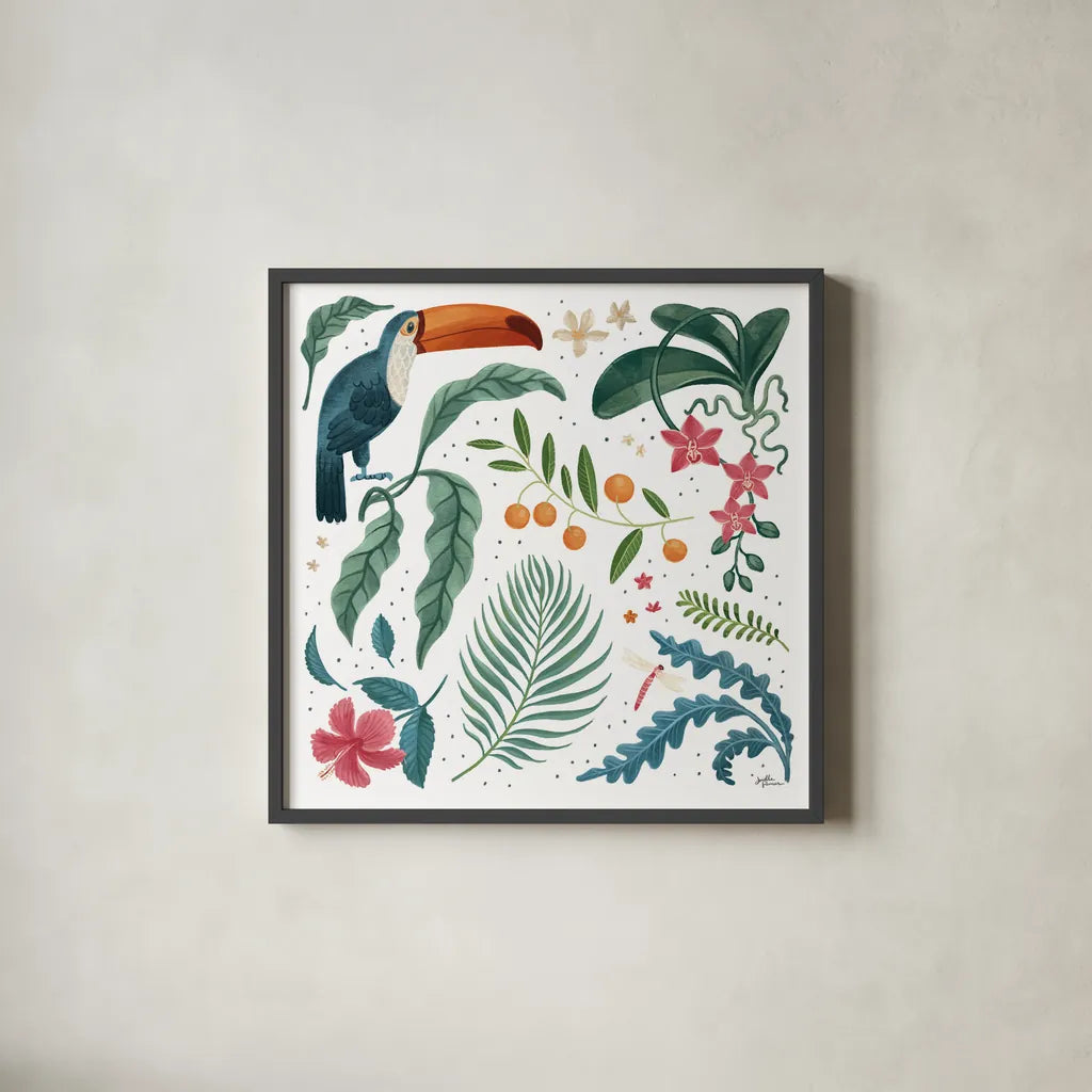 Jungle Love III White by Janelle Penner. Shown in a sleek black glass frame for a contemporary gallery look. Available as an archival giclee rolled canvas, fine art paper, or poster print. SKU 56357a.