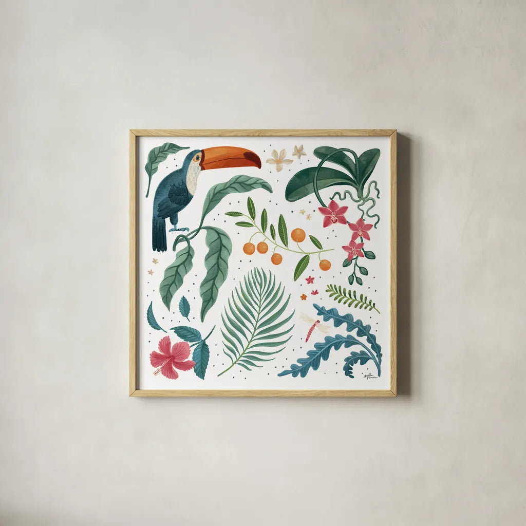 Jungle Love III White by Janelle Penner. Shown in a natural wood glass frame for a timeless modern aesthetic. Available as an archival giclee rolled canvas, fine art paper, or poster print. SKU 56357a.