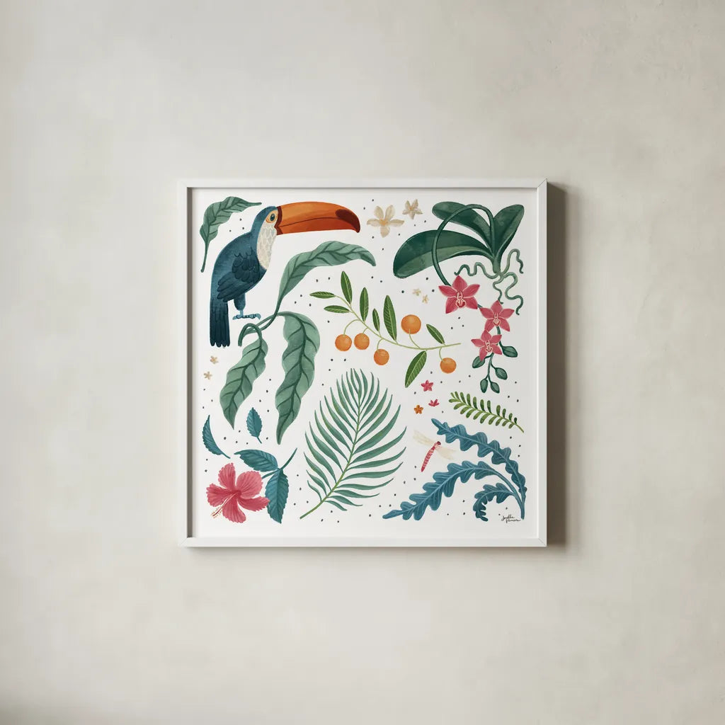Jungle Love III White by Janelle Penner. Shown in a crisp white glass frame for a clean and minimalist style. Available as an archival giclee rolled canvas, fine art paper, or poster print. SKU 56357a.
