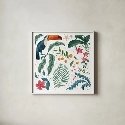 Jungle Love III White by Janelle Penner. Shown in a crisp white glass frame for a clean and minimalist style. Available as an archival giclee rolled canvas, fine art paper, or poster print. SKU 56357a.