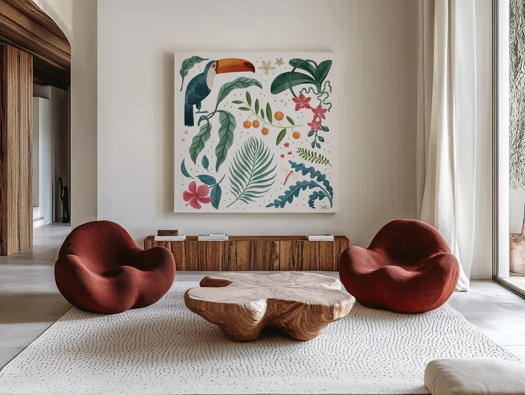 Jungle Love III White by Janelle Penner. Shown as extra-large giant wall art in a modern living room. Available as an archival giclee rolled canvas, fine art paper, or poster print. SKU 56357a.