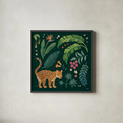 Jungle Love IV by Janelle Penner. Shown in a sleek black glass frame for a contemporary gallery look. Available as an archival giclee rolled canvas, fine art paper, or poster print. SKU 56091a.