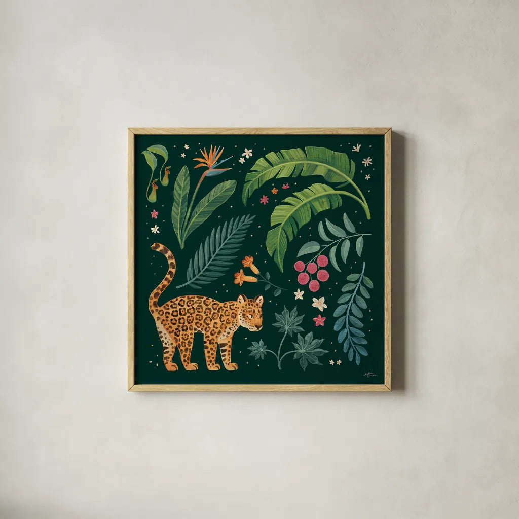 Jungle Love IV by Janelle Penner. Shown in a natural wood glass frame for a timeless modern aesthetic. Available as an archival giclee rolled canvas, fine art paper, or poster print. SKU 56091a.