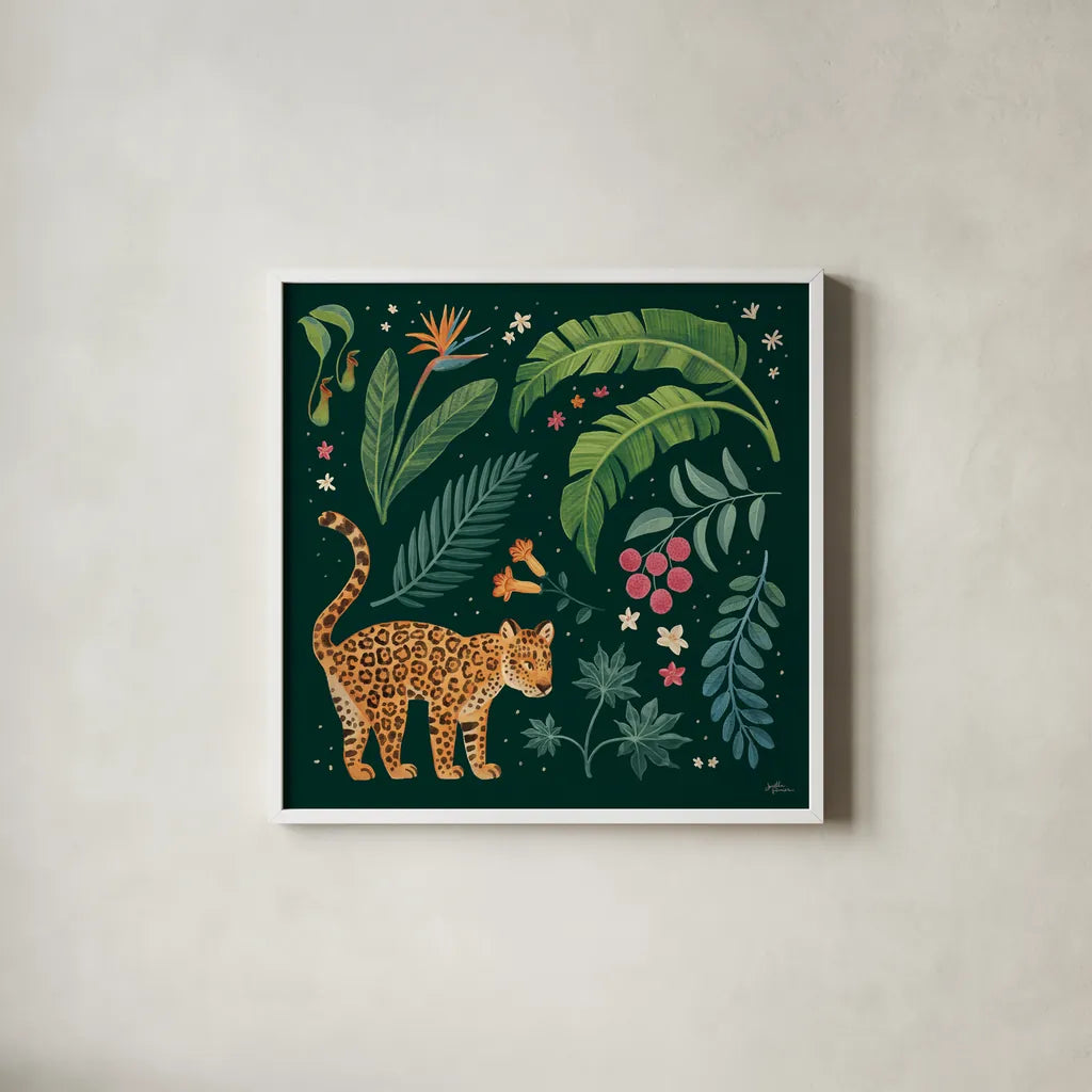 Jungle Love IV by Janelle Penner. Shown in a crisp white glass frame for a clean and minimalist style. Available as an archival giclee rolled canvas, fine art paper, or poster print. SKU 56091a.