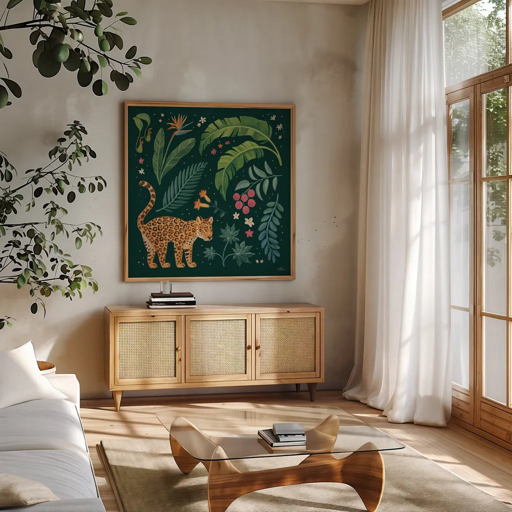 Jungle Love IV by Janelle Penner. Shown in a natural wood frame in a cozy modern living room. Available as an archival giclee rolled canvas, fine art paper, or poster print. SKU 56091a.