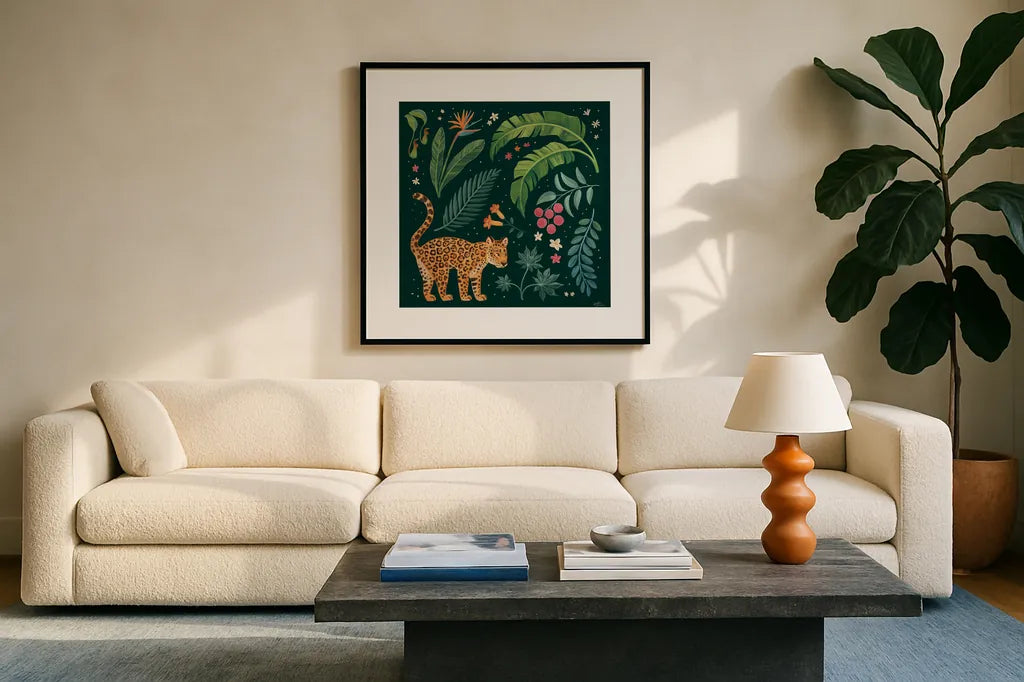 Jungle Love IV by Janelle Penner. Displayed in a glass frame with matte in a clean modern living room. Available as an archival giclee rolled canvas, fine art paper, or poster print. SKU 56091a.