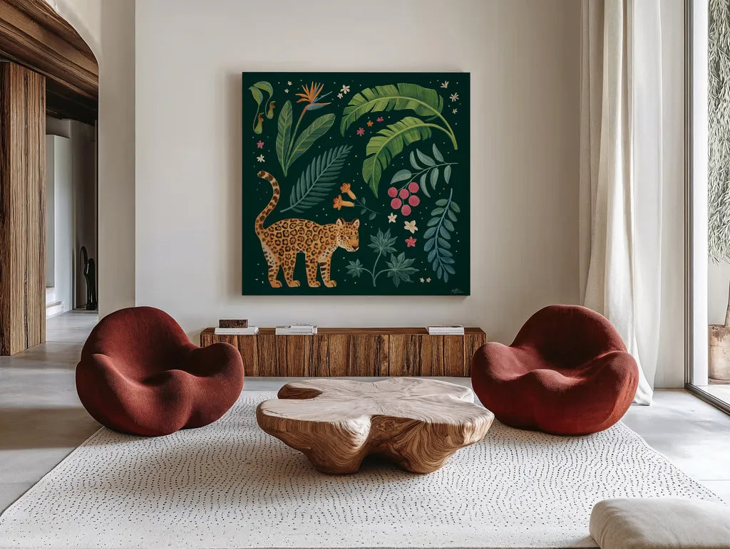 Jungle Love IV by Janelle Penner. Shown as extra-large giant wall art in a modern living room. Available as an archival giclee rolled canvas, fine art paper, or poster print. SKU 56091a.