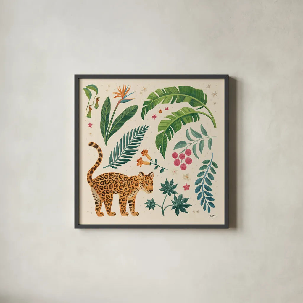 Jungle Love IV Cream by Janelle Penner. Shown in a sleek black glass frame for a contemporary gallery look. Available as an archival giclee rolled canvas, fine art paper, or poster print. SKU 56871a.
