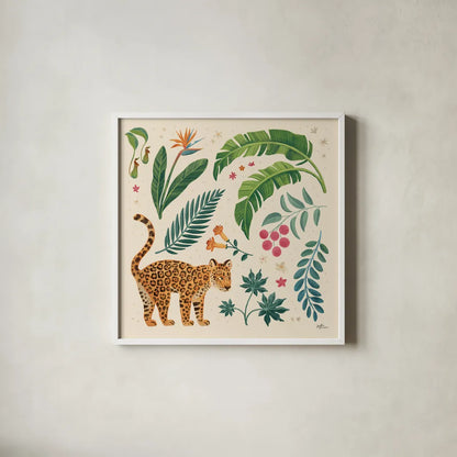 Jungle Love IV Cream by Janelle Penner. Shown in a crisp white glass frame for a clean and minimalist style. Available as an archival giclee rolled canvas, fine art paper, or poster print. SKU 56871a.