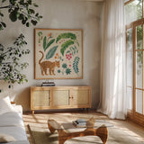 Jungle Love IV Cream by Janelle Penner. Shown in a natural wood frame in a cozy modern living room. Available as an archival giclee rolled canvas, fine art paper, or poster print. SKU 56871a.