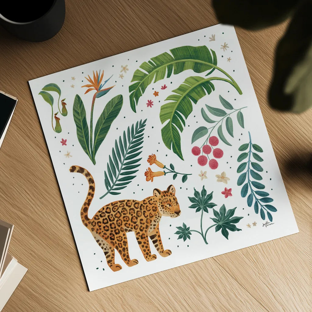Jungle Love IV White by Janelle Penner. Shown as a detailed flat fine art print, highlighting archival giclee quality. Available as an archival giclee rolled canvas, fine art paper, or poster print. SKU 56358a.