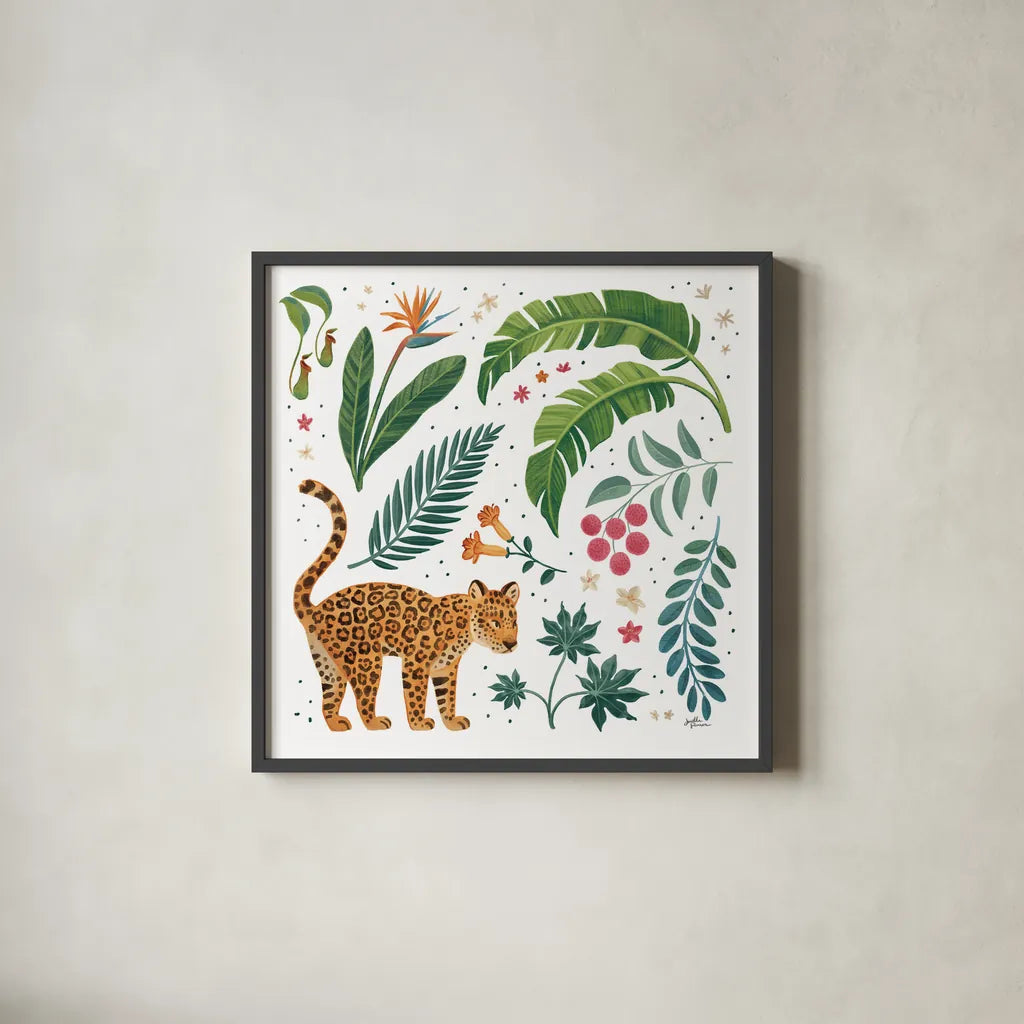 Jungle Love IV White by Janelle Penner. Shown in a sleek black glass frame for a contemporary gallery look. Available as an archival giclee rolled canvas, fine art paper, or poster print. SKU 56358a.