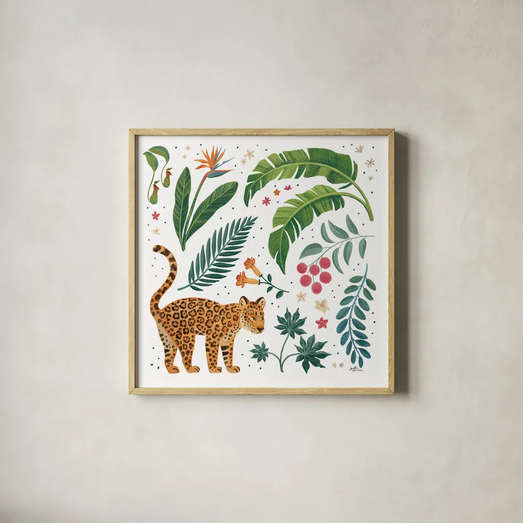 Jungle Love IV White by Janelle Penner. Shown in a natural wood glass frame for a timeless modern aesthetic. Available as an archival giclee rolled canvas, fine art paper, or poster print. SKU 56358a.